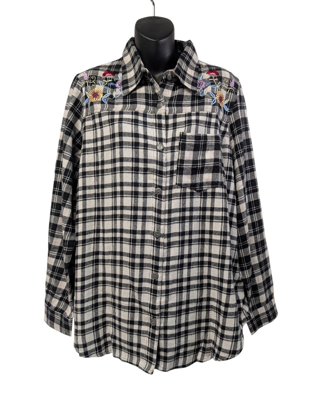 Blair Black & White Plaid Long Sleeve Embroidered Button Up Shirt Large New